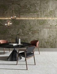 Modern classic dining room with a rustic brown marble classic wall, ceramic table with chairs near...