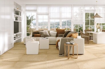 Stylish modern living room furnishings and contemporary home decor. A luxurious interior with a custom lamp and sofa, beige marble flooring, and a window with a lovely view of the yard. 3D Rendering