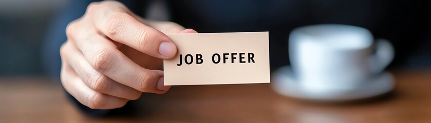 Hand holding job offer card with coffee cup in background, symbolizing new employment opportunity and career advancement.