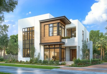 Fototapeta premium Modern two-story house design with a square shape, white walls, and wood accents, large windows for natural light, a spacious exterior with concrete or wooden facades
