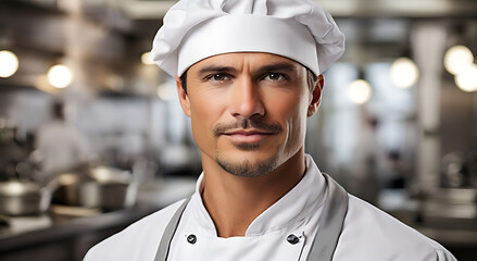 Close-up of a professional chef in a kitchen setting, wearing a white chef's coat and hat, with plenty of copy space around the portrait.