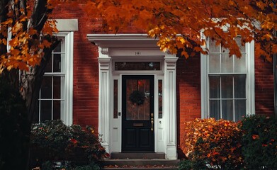 Fall scene in front of a brick house with white trim, fall leaves on trees and plants