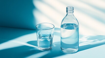  Bottled Water and Glass on a Light Blue Background 