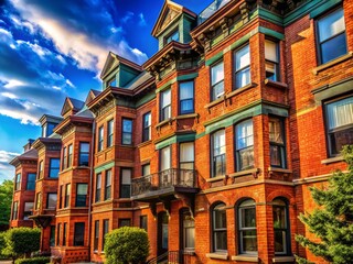 Fototapeta premium Captivating Facade of a Red Brick Apartment House with Architectural Charm, Urban Lifestyle, Classic Design, and Vibrant Colors in a City Setting