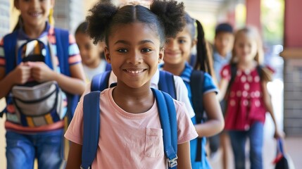 School Kids Running in Elementary School Hallway - a lively and energetic visual. The school kids running in the elementary school hallway create a vibrant and active scene.