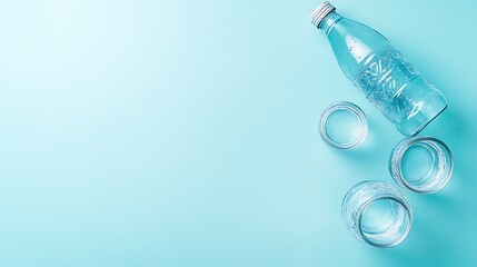  Bottled Water and Glass on a Light Blue Background 