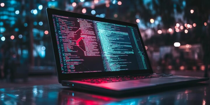 Computer engineers create software for computers, phones, and tablets.  Software developers write code to make these programs work. The image shows a futuristic laptop with glowing code on the screen.