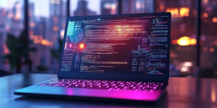 Computer engineers create software for computers, phones, and tablets.  Software developers write code to make these programs work. The image shows a futuristic laptop with glowing code on the screen.
