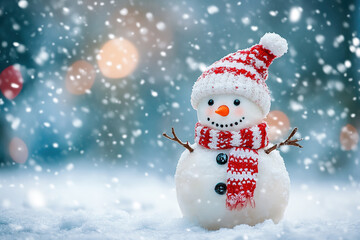 Fototapeta premium A snowman wearing a scarf on a snowy winter day
