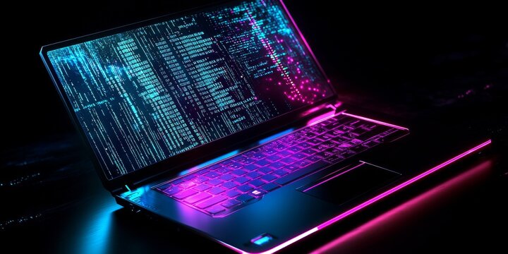 Computer engineers create software for computers, phones, and tablets.  Software developers write code to make these programs work. The image shows a futuristic laptop with glowing code on the screen.