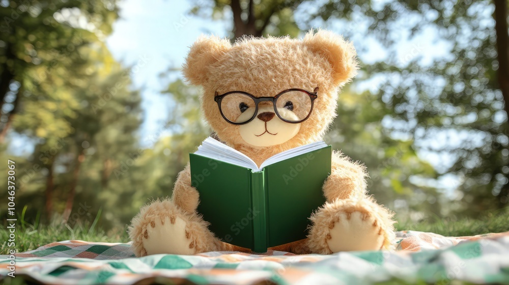 Wall mural A small teddy bear with glasses, sitting on a picnic blanket outside, holding a green book with white pages, with trees and nature in the background, enjoying a quiet reading time.