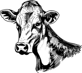 Obraz premium Black and white sketch of a cow's head.