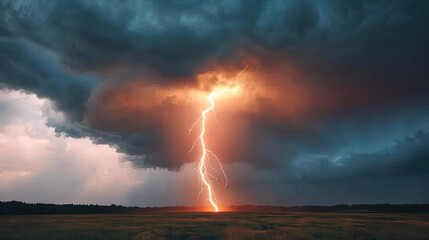 Dramatic lightning strike under a stormy sky, illuminating the dark clouds.