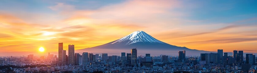Fototapeta premium Modern Tokyo skyline against a stunning sunset, Mt Fuji's snowy peak, blending city lights with natural beauty, travel destination in Japan
