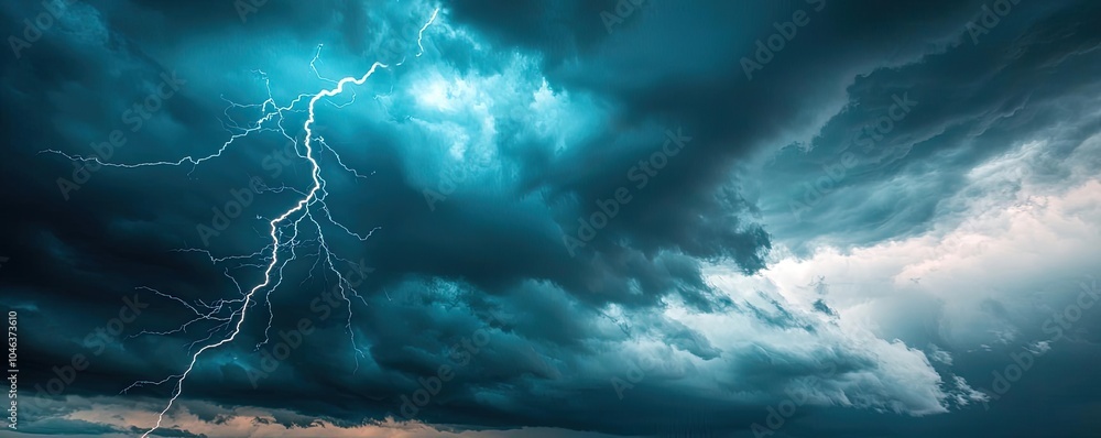 Poster dramatic thunderstorm with lightning illuminating dark storm clouds.