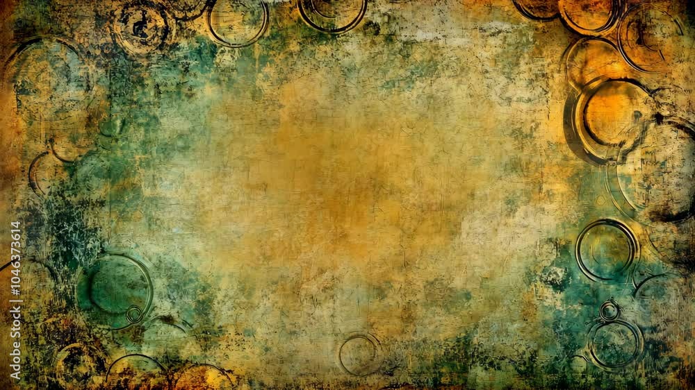 Aufkleber an abstract painting with a green and gold color scheme and circular patterns