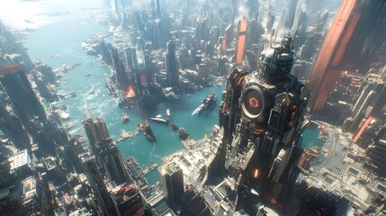 Mesmerizing Aerial View of a Futuristic Metropolis Dominated by a Godlike Sentient Overlord
