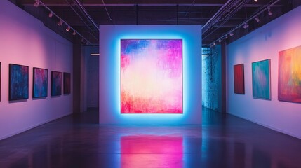 A bold, abstract painting bursting with neon hues, hanging in a traditional art gallery, standing out against the muted, classic works surrounding it
