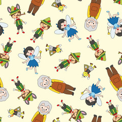 Pinocchio seamless pattern characters fairy tale cute modern simple children illustration colourful playful decorative element