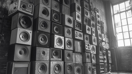 A captivating arrangement of vintage speakers set against a rustic wall illuminated by natural...