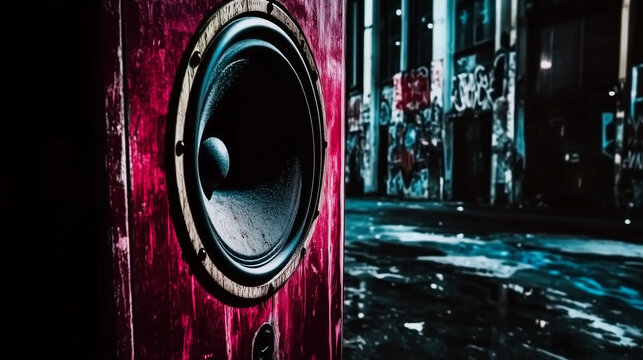 A vibrant urban soundscape featuring a large speaker against a graffiti-covered wall in a dimly lit alleyway at night