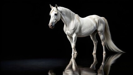 white horse standing alone on black background with reflection