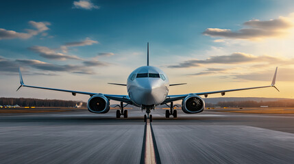 An airplane taxiing on the runway at dusk, preparing to take off