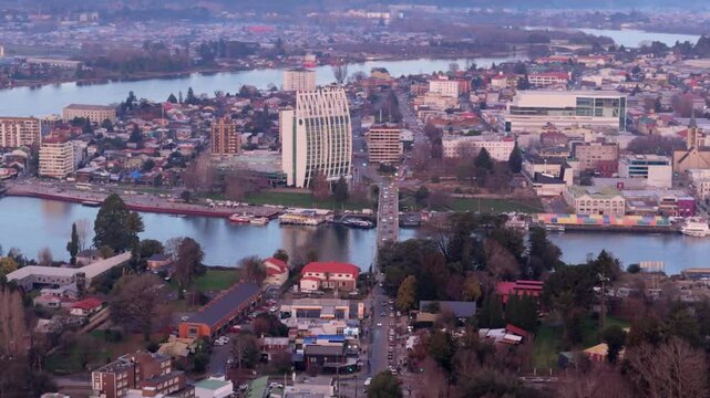 Aerial shot of the city of Valdivia at sunset