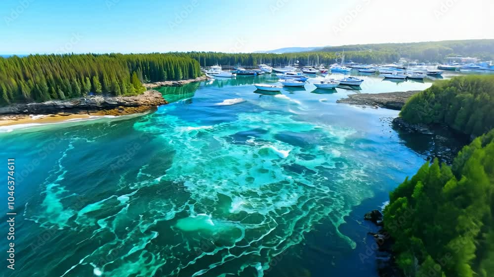 Poster fly-through high speed video over inlets cutting into forested coastline with high key lighting, rev