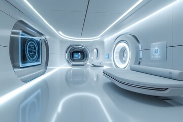 Fototapeta premium Cutting Edge Futuristic Time Travel Facility with Minimalist High Tech Interior and Holographic Interfaces