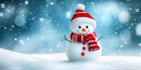 Fototapeta premium A snowman wearing a scarf on a snowy winter day