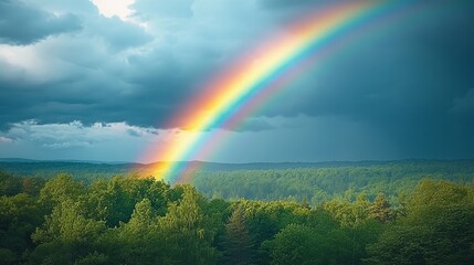 A brilliant rainbow arches through a gloomy, rainy sky, its vibrant colors contrasting sharply with the stormy clouds, creating a breathtaking view