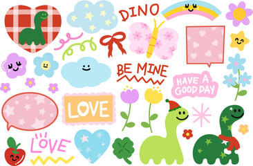 Christmas and New Year festive illustrations with dinosaur, text bubbles, red scarf, heart, cloud, flower for winter decoration, cartoon character, comic, mascot, stickers, animal, cute patch, brooch