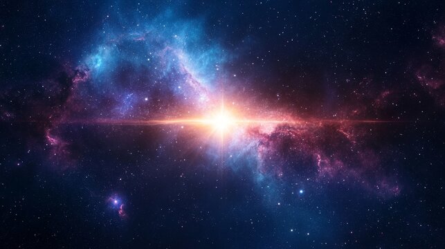 A brilliant star far across the universe, glowing with intense light, outshining nearby galaxies, and casting vibrant colors across the cosmic expanse