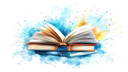  The background of the cartoon vector graphic design is white, with colorful books and watercolor splashes design 