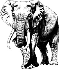 Close-up of an elephant's head in a black and white sketch style.