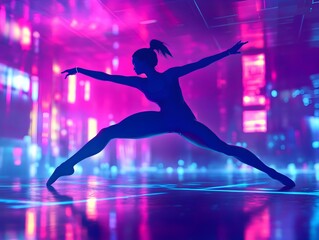 Powerful Gymnast Performing Acrobatic Routine in Neon Lit Retrofuturistic Cityscape