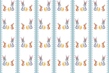 Seamless Watercolor Pattern of Easter Bunnies Riding Bicycles and Painting Easter Eggs - Cute Spring Illustration for Holiday Decor, Gift Wrap, and Festive Stationery