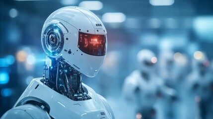 Fototapeta premium Futuristic humanoid robot with glowing features in a high-tech setting