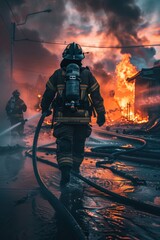 Fototapeta premium Brave Firefighter Battling Intense Flames with Hose in Smoky Background