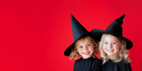 Two little girls in black witch costumes on red background with copy space for text. Halloween banner.