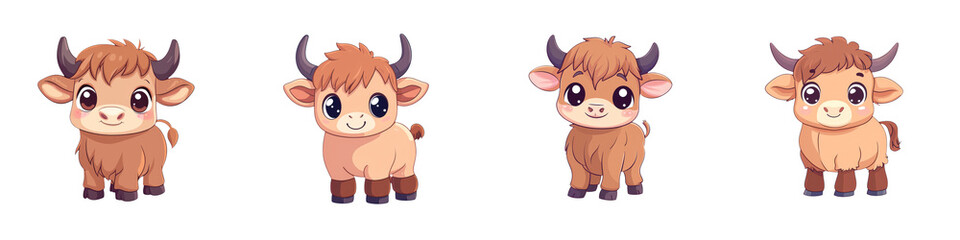 Fototapeta premium Cute cartoon calves with big eyes and soft fur, standing in a row against a black background, showcasing their adorable expressions.