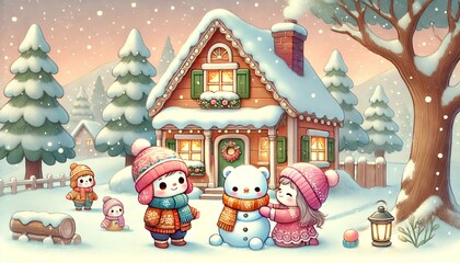 Children Joyfully Building a Snowbear in Front of a Cozy Winter Cottage as Snow Falls Gently Around Them