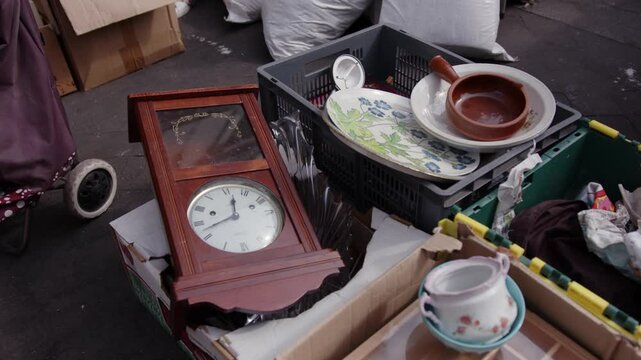 Vintage Household Items For Sale At Secondhand Market. High Angle Shot