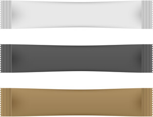 Blank Sugar Sachet Stick Mockup, Isolated Brown, White and black Paper Pouch for Coffee, Salt, and Spices, Vector Packaging Design