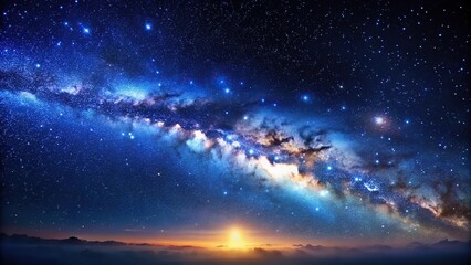 Fototapeta premium Vast starry night sky with a large galaxy in the background, set against a dark blue background, nebulae, celestial art, astronomical image