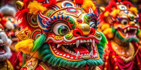 Obraz premium Close-Up of a Vibrant Chinese Lion Dance Mask with Intricate Patterns and Powerful Expression for Documentary Photography