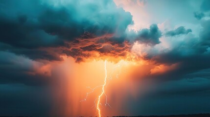 Dramatic lightning strikes through dark storm clouds at sunset.