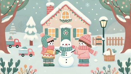 Snowy Fun: Adorable Characters Building a Snowman in Front of a Cozy Winter Home