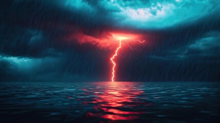 Lightning striking over a dark ocean during a stormy night.